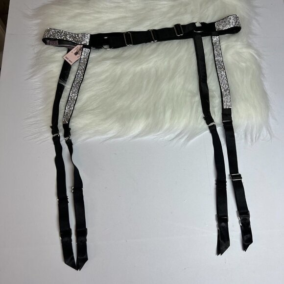 Victoria's Secret Black Satin Crystal Rhinestone Bling Garter Belt NWT - Picture 4 of 6